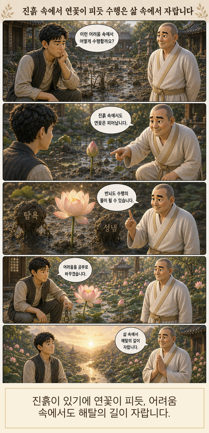 진흙 속에서 연꽃이 피듯 수행은 삶 속에서 자랍니다 웹툰