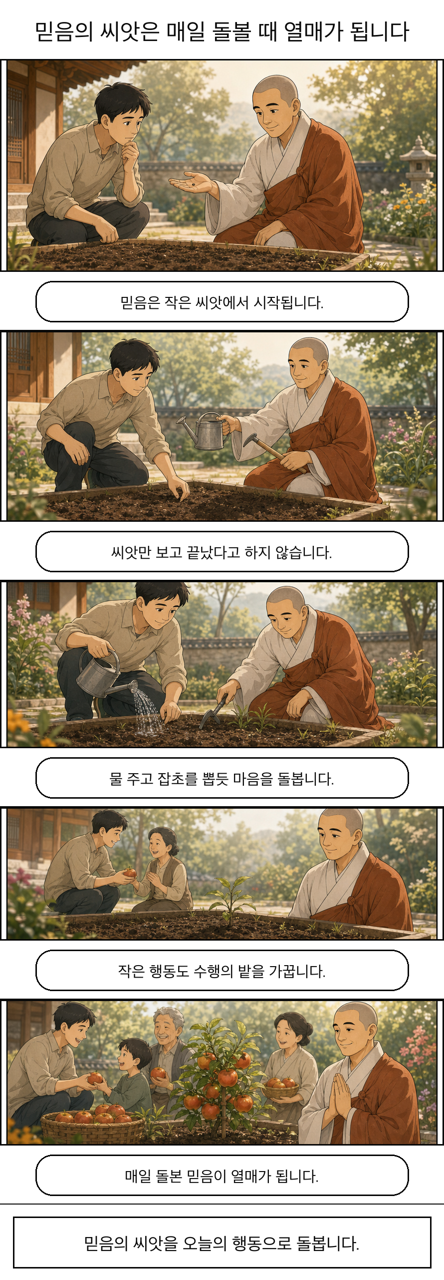 믿음의 씨앗은 매일 돌볼 때 열매가 됩니다 카툰