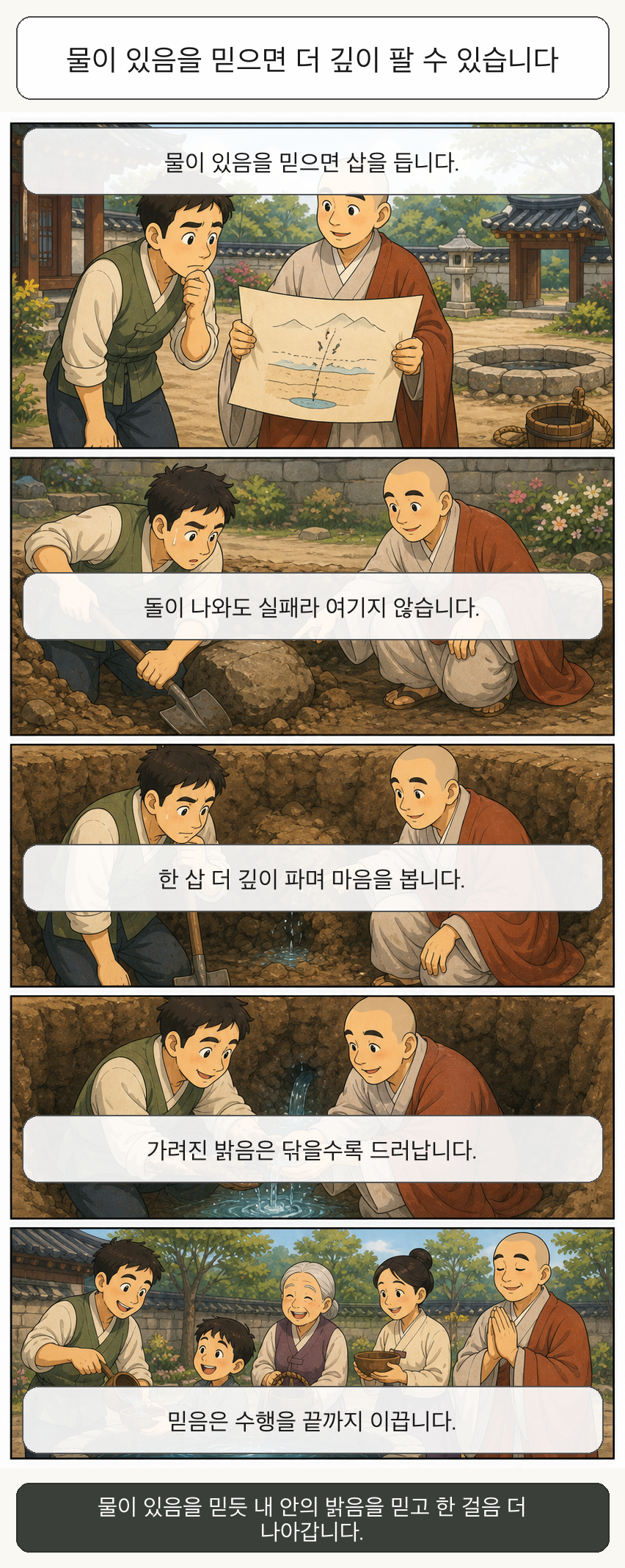 물이 있음을 믿으면 더 깊이 팔 수 있습니다 카툰