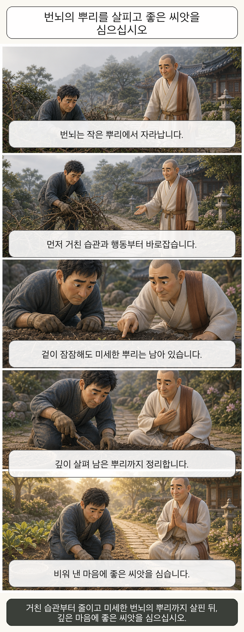 번뇌의 뿌리를 살피고 좋은 씨앗을 심으십시오 카툰